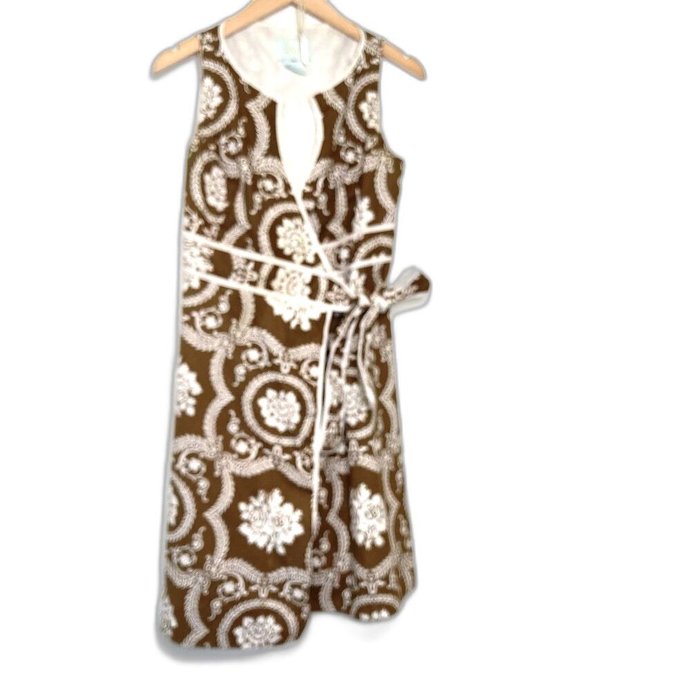 Lesley Evers Brown Floral Wrap Dress Cotton S A-line Spring Garden Brunch Retro